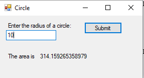 screen shot of running program with radius=10 and area is 314.159...